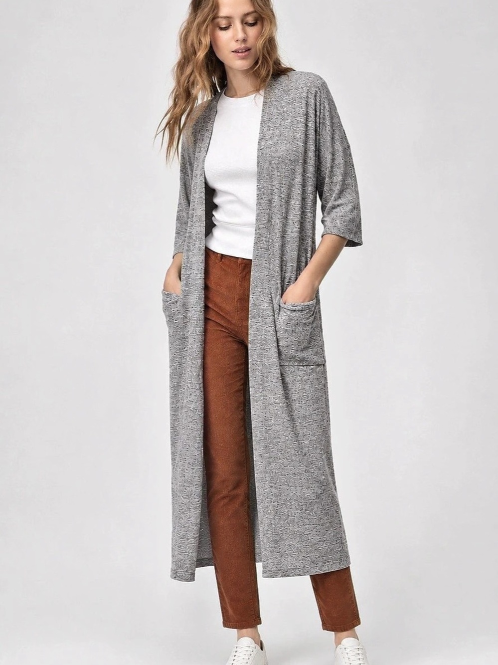 ARITZIA Wilfred Duster Cardigan Long Gray Open Front Jersey Knit - MEDIUM